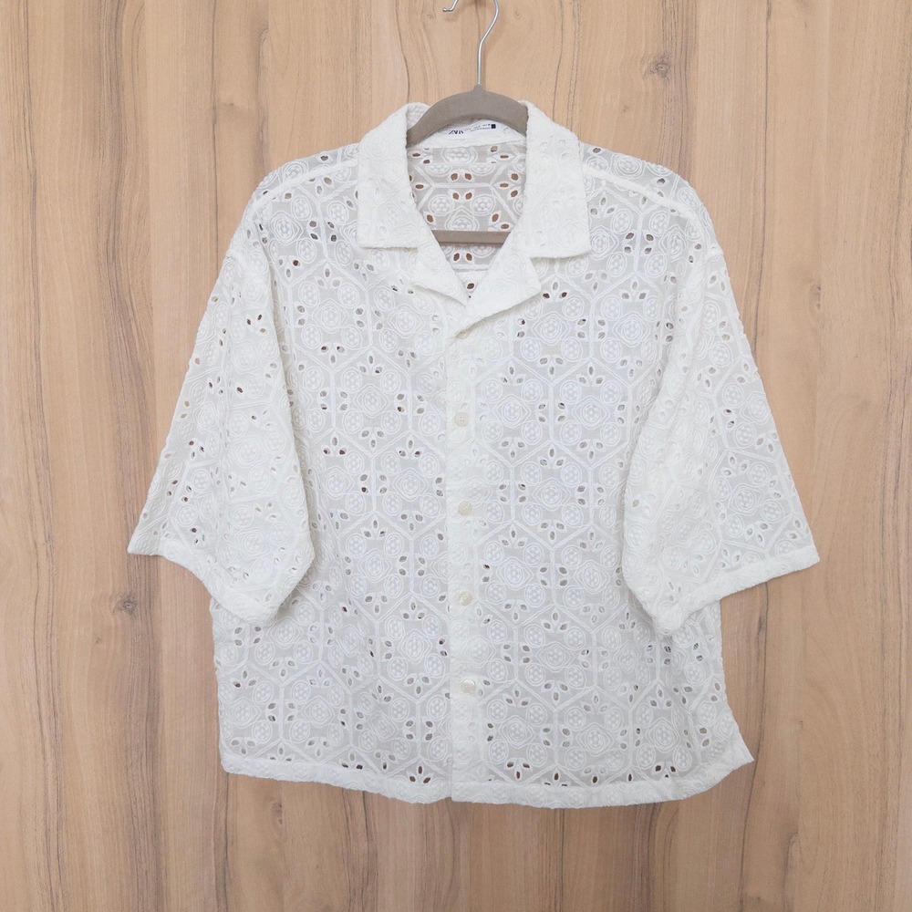 Zara Womens Eyelet Embroidered Shirt S White Button Front Cottage Coastal Boho